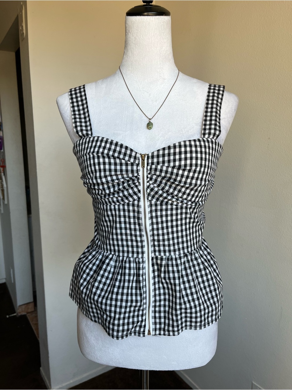 iris Black & White Gingham Zip-Front Peplum top size small